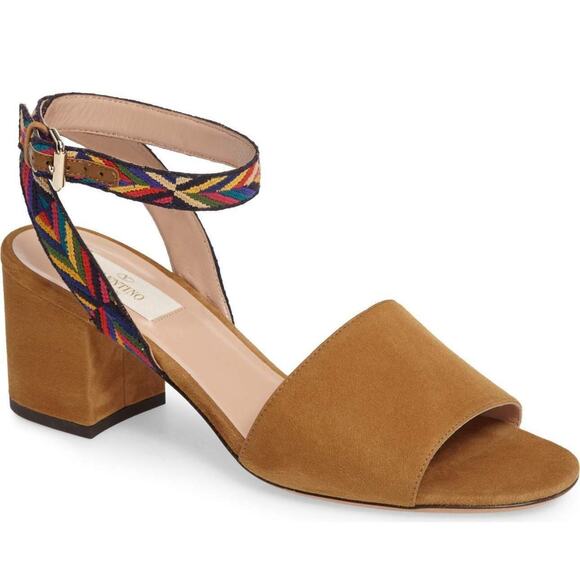 Valentino Chevron Block Heel Ankle Strap Suede Sandals SZ 38 $795 NIB Native - Picture 1 of 11